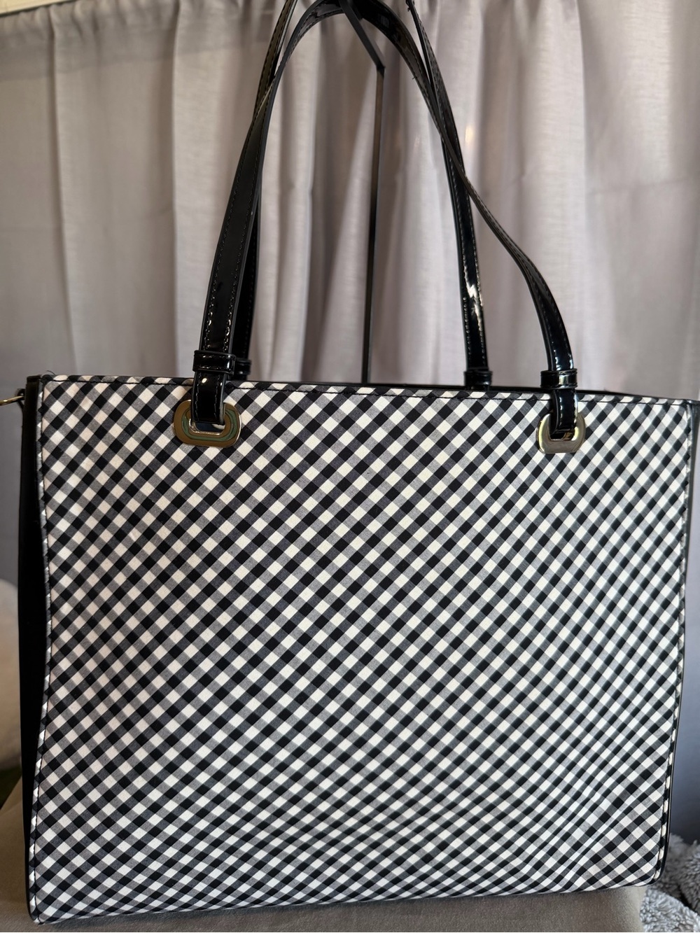 White House Black Market Black & White Gingham Tote with Glossy Black Straps